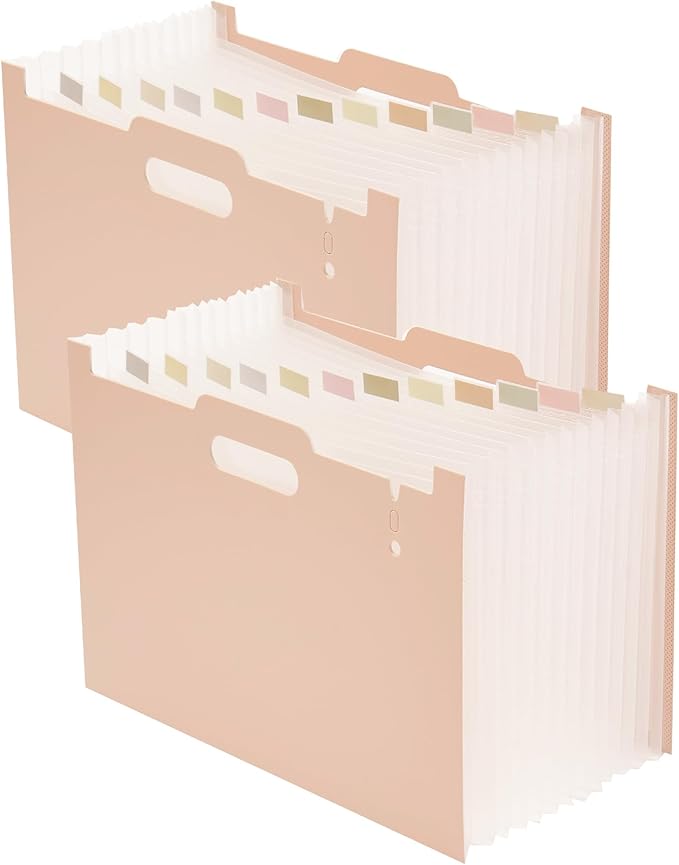 2-Piece Accordion Folder Manager, 12 Grid Expansion Pages, Portable Monthly Bill and Receipt Manager That Opens Upright, Colored Labels, School, Home, and Office letterhead/A4 Size, Pink