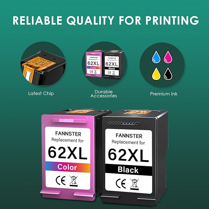 62XL 62 XL Ink Cartridges Black and Color for 62 Ink Cartridge Combo Pack Works with Envy 7640 5660 5540 7645 5661 for OfficeJet Mobile 250 200 258 for OfficeJet 5740 5745 8040 Printer(2-Pack)