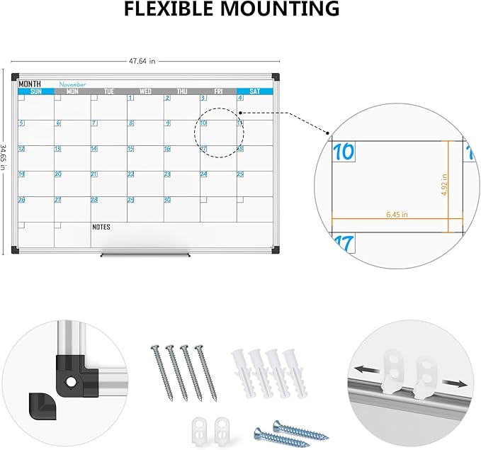 XBoard Magnetic Calendar Whiteboard 48" x 36" - Monthly Calendar Dry Erase Board, White Board + Colorful Calendar Board, Silver Aluminium Framed Monthly Planning Board