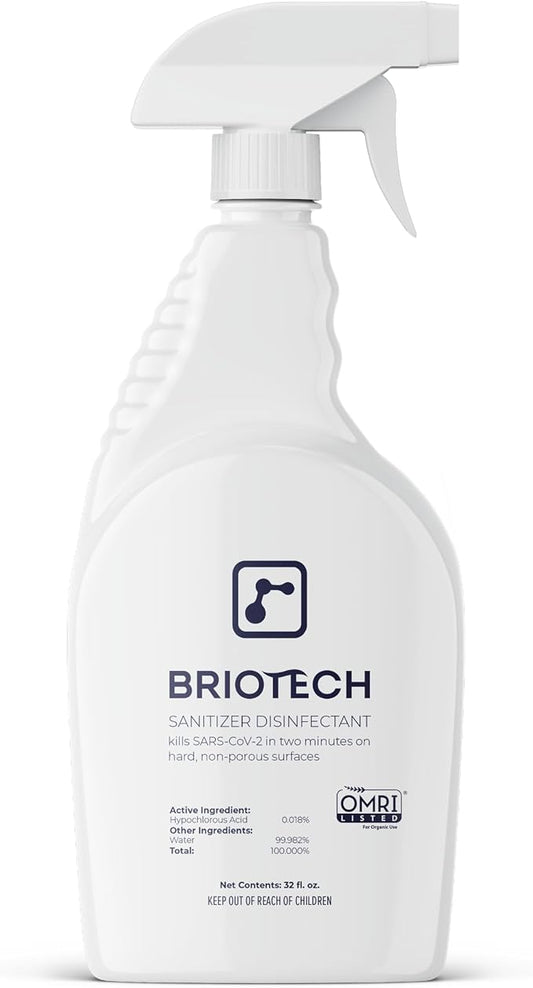 BRIOTECH Sanitizer Disinfectant Hypochlorous Spray, Kill 99.99% of Viruses & Bacteria, Control Mold, Eliminate Odor, Gentle for Nursery & Play Rooms, Food Contact Surface Sanitizer, 32 fl oz
