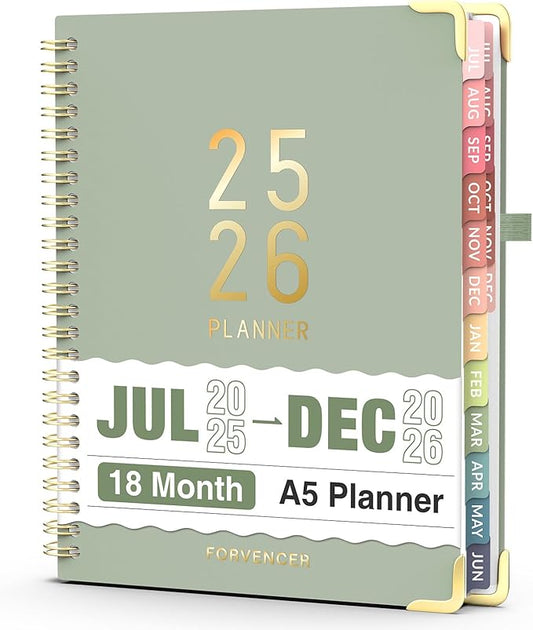 Jul 2025 - Dec 2026 Planner, Forvencer Academic Planner 2025-2026, 18 Month Daily Planner, 6" x 8", Weekly & Monthly Agenda Book, Hardcover Calendar Book, School Supplies for Student Teacher, Green