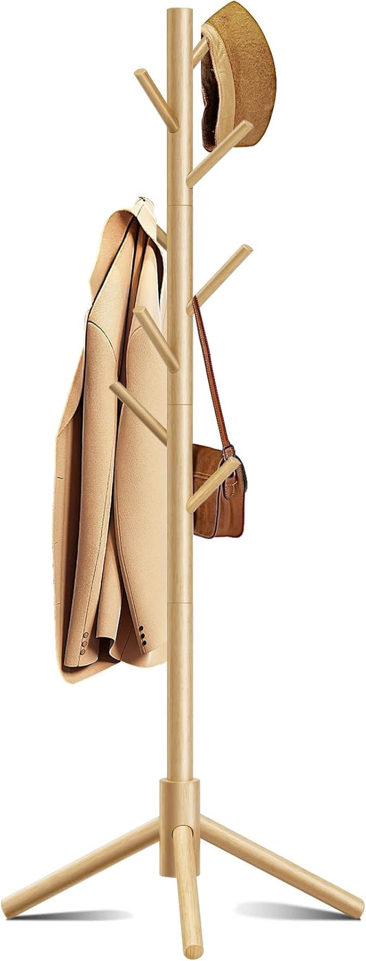 Wooden Coat Rack, Free Standing Coat Rack with 8 Hooks 3 Adjustable Heights for Clothes, Hats, Handbags, Coat Tree Easy Assembly for Entryway, Bedroom, Hallway, Office (New Nature)