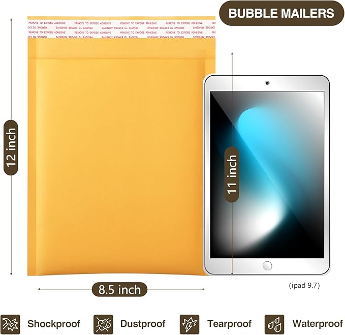 UCGOU Kraft Bubble Mailers 8.5x12 Inch 25 Pack Usable Size 8.5x11 Inch Yellow Padded Envelopes #2 Medium Mailing Packages Self Sealing Tear Resistant Boutique Bulk Shipping Bags for Makeup Supplies