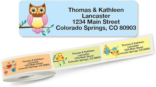 Owls Seasonal Rolled Personalized Return Address Mailing Labels with Dispenser, Set of 500, 5 Designs, Small ¾ x 2½ Inch Size, Custom Self-Adhesive Sticker Roll, by Colorful Images