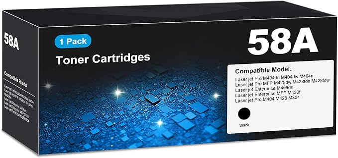 CF258A 58A Toner Cartridges Black (1-Pack) for HP 58A 58X CF258X, Laser Jet M404dn M428fdw Toner Cartridges, CF258 for Laser Jet Enterprise M404dn M404dw M404n M428dw M428fdn MFP M304 M406dn M430f