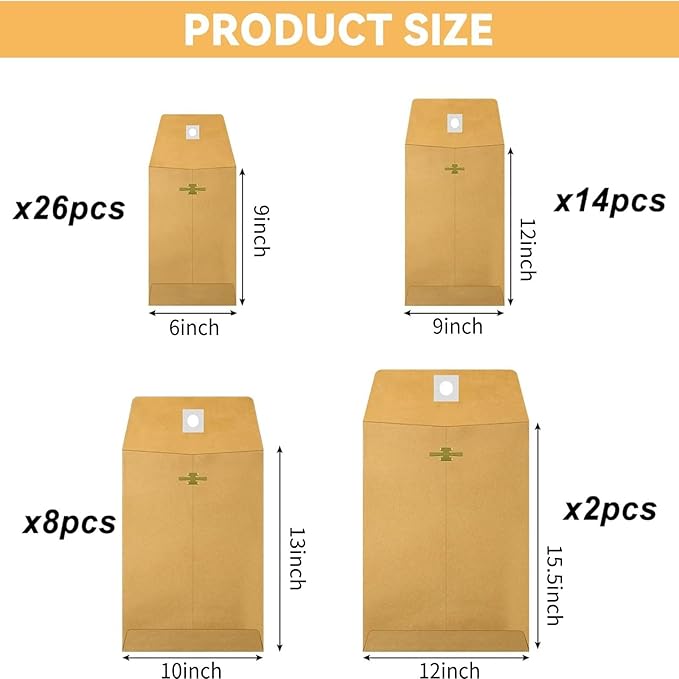 Frienda 4 Sizes Clasp Envelopes Kraft Paper Catalog Clasp Envelope with Closure for Filing, Storing or Mailing Documents, 50 Pieces (6 x 9 In, 9 x 12 In, 10 x 13 In, 12 x 15.5 In,Brown)