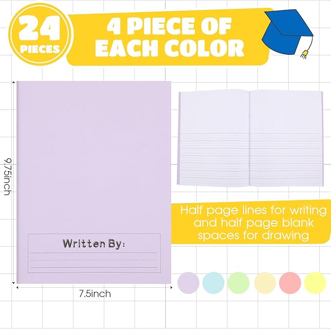 Henoyso 24 Pcs 120 Pages Primary Composition Notebooks K-2 9 3/4 x 7 1/2 Inch Journals Primary Journals Blank Books for Kids to Write Stories Kindergarten (Light Color)