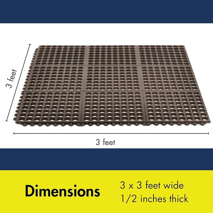 NoTrax 3' x 3' Light-Duty Rubber Drainage Mat, Customizable Modular Interlocking Design with Ergonomic Support, Lightweight, Anti-Fatigue, Non-Slip Surface, Black, 501S0033BL
