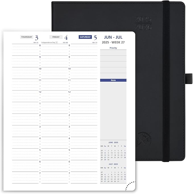 POPRUN Weekly Planner 2025-2026, 7.25'' x 8.5'', 15-Minute Hourly Appointment Book (July 2025-June 2026) with PU Leather Softcover, Monthly Tabs, Inner Pocket - Black