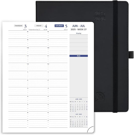 POPRUN Weekly Planner 2025-2026, 7.25'' x 8.5'', 15-Minute Hourly Appointment Book (July 2025-June 2026) with PU Leather Softcover, Monthly Tabs, Inner Pocket - Black