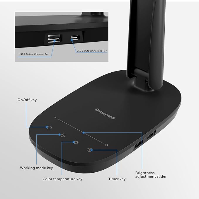 HONEYWELL LED Desk Lamp - HWT-H2 Sunturalux™ Eye-Caring Foldable Desk Light with USB A+C Dual Charging Port 4 Color Modes Dimmable Table Lamp for Home Office Bedroom Reading Study Work - Black