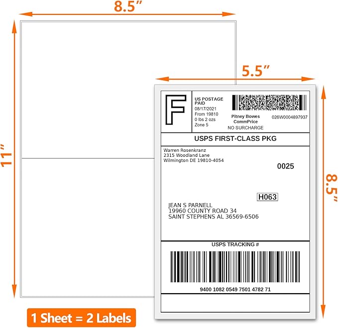 Half Page Self Adhesive Shipping Labesl, 8.5" x 5.5" Labels Compatible Laser & Inkjet Printers 2 Label Per Sheet (2000 sheets-4000 Label)