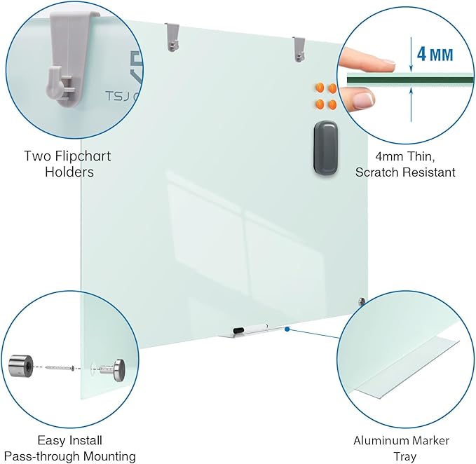 TSJ OFFICE Glass Dry-Erase Board - 36 x 24 Inches Wall Mounted Whiteboard with Magnetism, Large Frameless Glass White Board for Office, Home & School