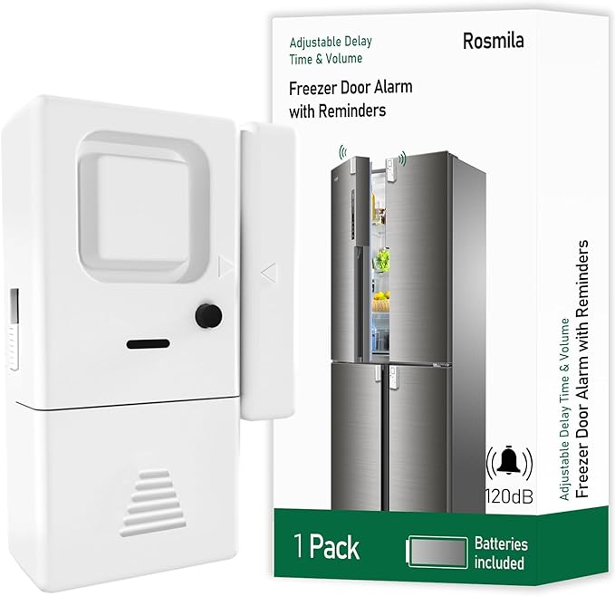 Freezer Door Alarm 1 Pack, Refrigerator Door Alarm When Left Open, Close Door Reminder, with 60/120/180/240 Seconds Delay Alert, Low/Loud 80 to 120 dB (Ivory White)