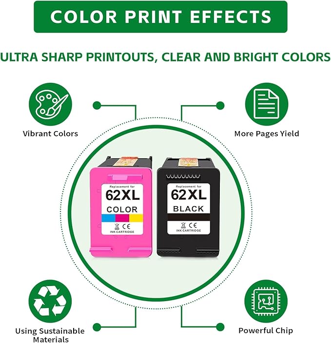 Replacement for HP 62xl Ink Cartridge Combo Pack - High Yield Ink Cartridges Compatible for hp Ink 62, Envy 5540 7640 7645 5660 OfficeJet 200 250 5740 Ink, Black, Tri-Color, 2 Pack