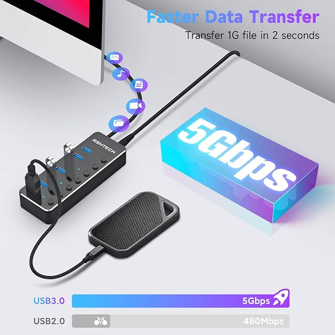 Powered UBS Hub, RSHTECH 7 Port USB 3.0/USB C Hub Upgraded Version Aluminum USB Splitter with 2-in-1 USB Cable,5V 3A Power Adapter and Individual Switches, USB Port Expander for Laptop/PC, RSH-ST07
