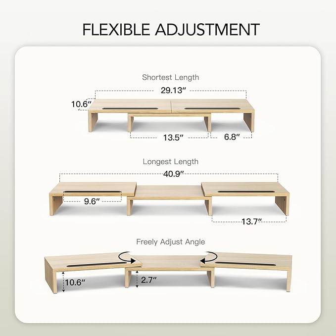 AMERIERGO Dual Monitor Stand Riser- 3 Shelf Screen Stand with Adjustable Length and Angle, 2 Extra Functional Slot Desktop Organizer Stand for PC, Computer, Laptop (Light Wood)