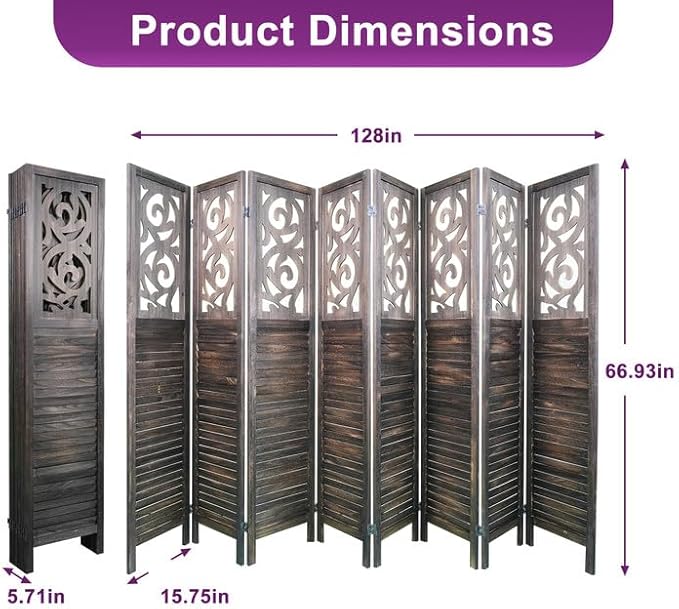 Room Divider, 5.6FT Folding Room Divider Panel, 8 Panel Craved Wood Partition Wall Divider for Room Separation, Rustic Brown