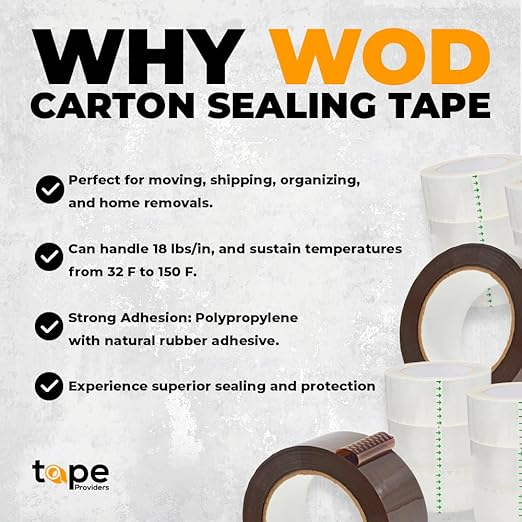 WOD CST20WBA Clear Packing Tape - 2" in. x 60 Yards Per Roll (36 Rolls) - Strong Heavy-Duty Industrial Shipping Box Packaging Tape for Moving, Office, & Storage