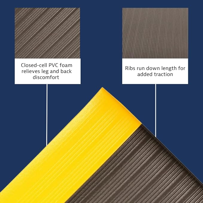 Notrax 410 Airug® 3' x 60' x 3/8" Anti Fatigue Mat, Enhanced Slip Resistance with Beveled Edges and Ribbed Surface, Ideal for Industrial and Commercial Workplaces, Black/Yellow, 410R0336BY
