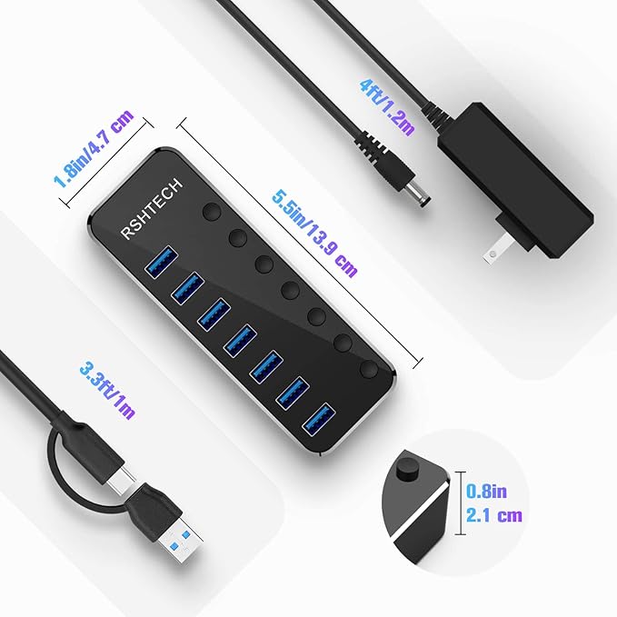 Powered UBS Hub, RSHTECH 7 Port USB 3.0/USB C Hub Upgraded Version Aluminum USB Splitter with 2-in-1 USB Cable,5V 3A Power Adapter and Individual Switches, USB Port Expander for Laptop/PC, RSH-ST07