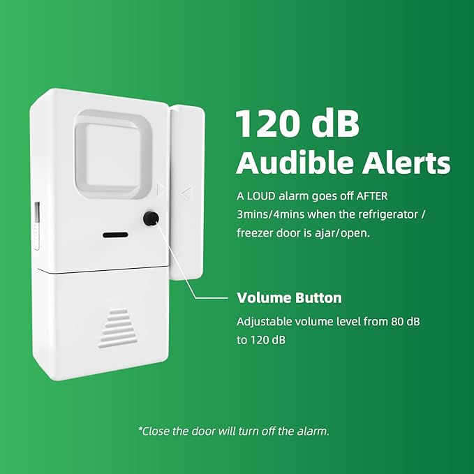 Freezer Door Alarm 1 Pack, Refrigerator Door Alarm When Left Open, Close Door Reminder, with 60/120/180/240 Seconds Delay Alert, Low/Loud 80 to 120 dB (Ivory White)