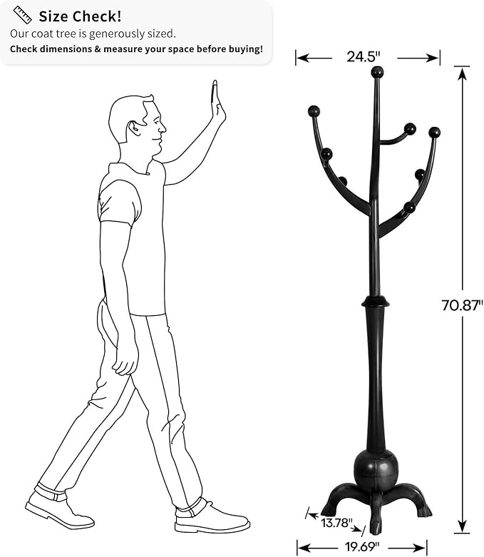 Heavy Duty Coat Rack Freestanding Wood Tree Rack with 8 Hooks, Unique Design Tree Branch-look, Premium Coat Tree Clothes Hanger Stand with Sphere Base for Entryway, Hallway, Bedroom-Load 160lbs Black