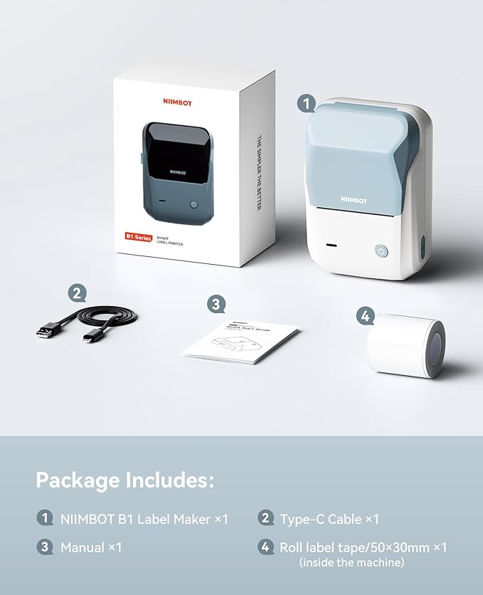 NIIMBOT Label Maker Machine with Tape, B1 Bluetooth Label Printer, 2 Inch Large Waterproof Label, Inkless Thermal Label Maker for Kids School Items, Classroom Teacher, Light Blue