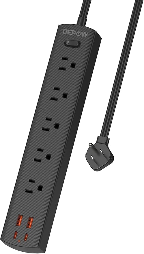 Black Surge Protector Power Strip, Ultra Thin 5 Ft Flat Plug Extension Cord, 1700 Joules, 5 Widely Spaced Outlets with 4 USB Ports (2USB-C), 1875W/15A, Wall Mount for Home Office, Black
