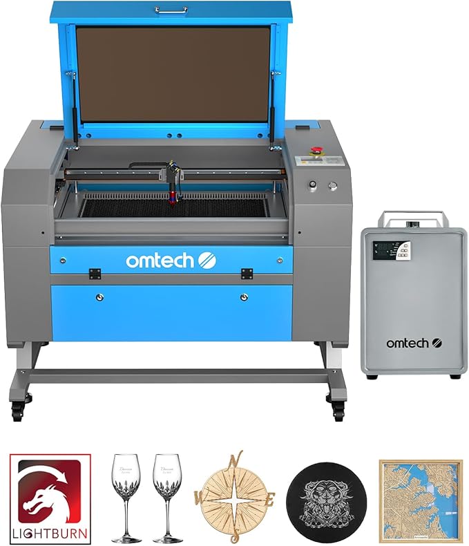 OMTech 60W CO2 Laser Engraver with LightBurn & Water Chiller, 20"x28" Laser Engraving Cutting Machine with Autofocus Autolift 4 Way Pass Air Assist, Commercial Laser Cutter for Wood Glass Acrylic More