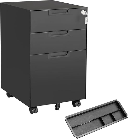 MIIIKO 3 Drawer Filing Cabinet with Lock, Metal Black Vertical File Cabinets for Home Office, Full Assembled File Cabinets Under Desk, Letter/Legal/A4 File Folders Storage