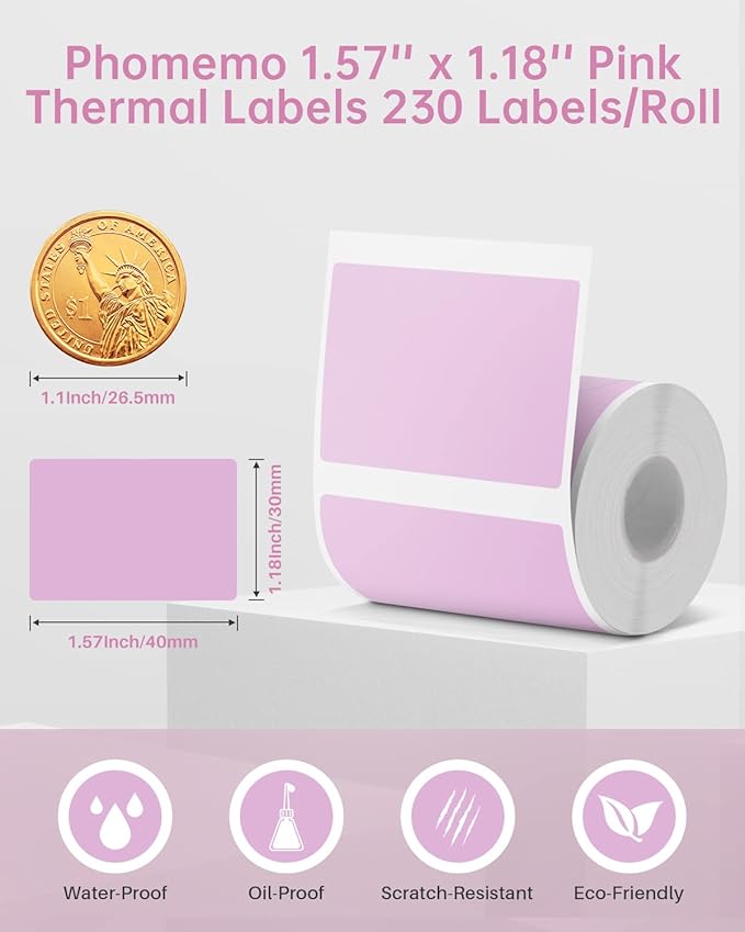 Phomemo M220 Labels,3 Roll Pink Labels for M220 M110 M108 M250 M260 M221 M200 M120 M150 Label Maker,1.57'' x 1.18''(40 x 30mm) Sticker Label for Barcode,Name,Home,Office,School