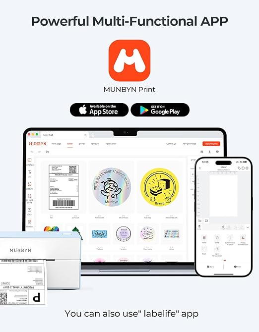 MUNBYN Bluetooth Thermal Label Printer, 4x6 Shipping Label Printer for Shipping Packages, Compatible with iOS, Android, PC, Mac, Chrome OS, Etsy, Ebay, Shopify, Amazon, USPS and More