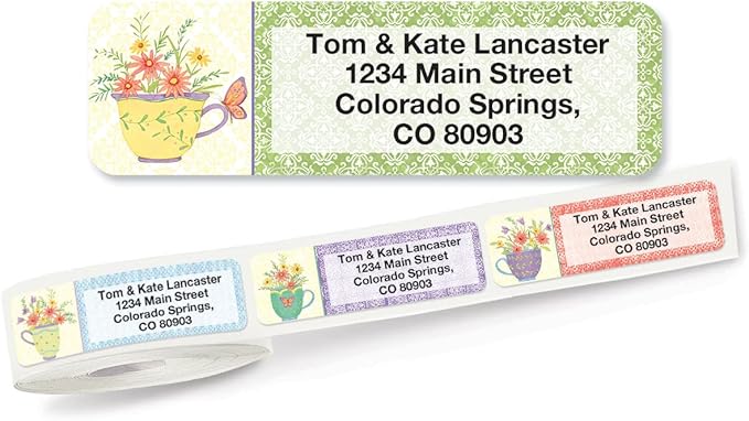 Teacups Rolled Personalized Return Address Mailing Labels with Dispenser, Set of 250, 5 Designs, Small ¾ x 2½ Inch Size, Custom Self-Adhesive Sticker Roll, by Colorful Images