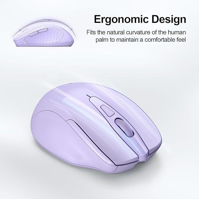 TECKNET Wireless Mouse (BT5.0/3.0 & 2.4G) Rechargeable 4800 DPI Silent USB A & Bluetooth Mouse 6 Buttons, Wide Compatibility - Lavender
