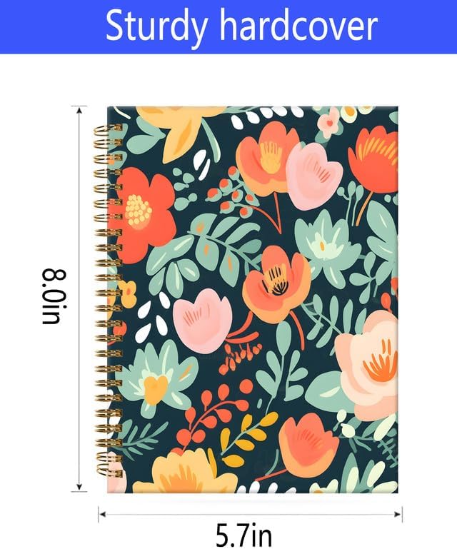 Spiral Journal Notebook,A5 Hardcover Lined Journals for Women Girl 6 x 8.3 in,120 Pages Thick Paper,Cute College Ruled Writing Notebook for Gifts Office Work School(Colorful Spring Floral)
