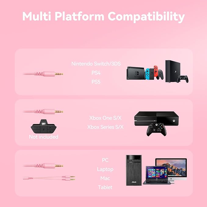 Gaming Headset with Microphone for Pc, Xbox One Series X/s, Ps4, Ps5, Switch, Stereo Wired Noise Cancelling Over-Ear Headphones with Mic, RGB, for Computer, Laptop, Mac, Nintendo, Gamer (Pink)