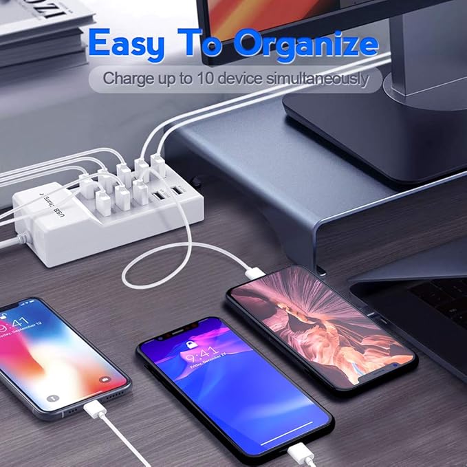 USB Charger Station Block with Rapid Charging Auto Detect Technology Safety Guaranteed 10-Port Family-Sized Smart USB Ports for Multiple Devices Smart Phone Tablet Headphones