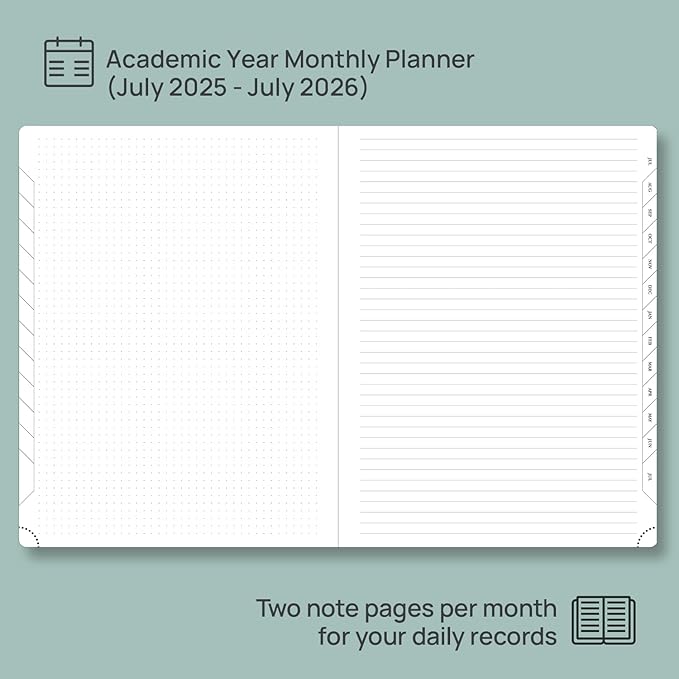 POPRUN Monthly Planner 2025-2026, 8.5'' x 11.25'', 13-Monthly Calendar (July 2025-July 2026) 15-Minute Hourly Appointment Book with Stair Tabs, Soft Cover, 100GSM Paper - Pacific Green
