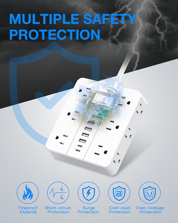 Flat Plug Surge Protector Power Strip, HUNIAN 12 Widely Spaced Outlets with 6 USB Charger (2 USB C Ports), 10 Ft Extension Cord Desk Charging Station for Home Office Supplies, Dorm Room, White