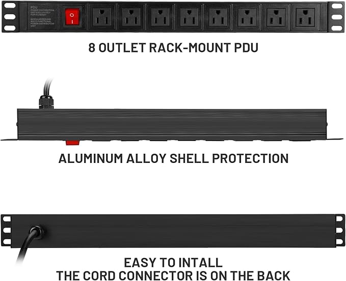 BTU Power Strip Surge Protector Rack-Mount PDU, 8 Right Angle Outlets Wide-Spaced, Mountable Power Strip Heavy Duty for Server Racks, Commercial, 300J (Black 6FT)