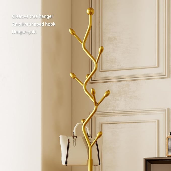 Tree-shaped coat rack stand,Metal coat tree with 8 Hooks and sturdy cast iron base,Heavy Duty coat rack freestanding coat hanger stand for Clothes Hats Scarfs Purses (gold)