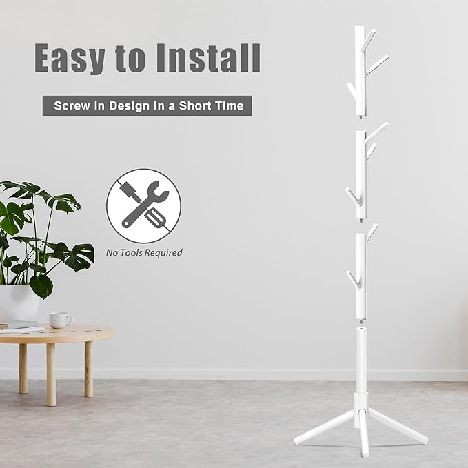Wooden Coat Rack, Free Standing Coat Rack with 8 Hooks 3 Adjustable Heights for Clothes, Hats, Handbags, Coat Tree Easy Assembly for Entryway, Bedroom, Hallway, Office (New White)