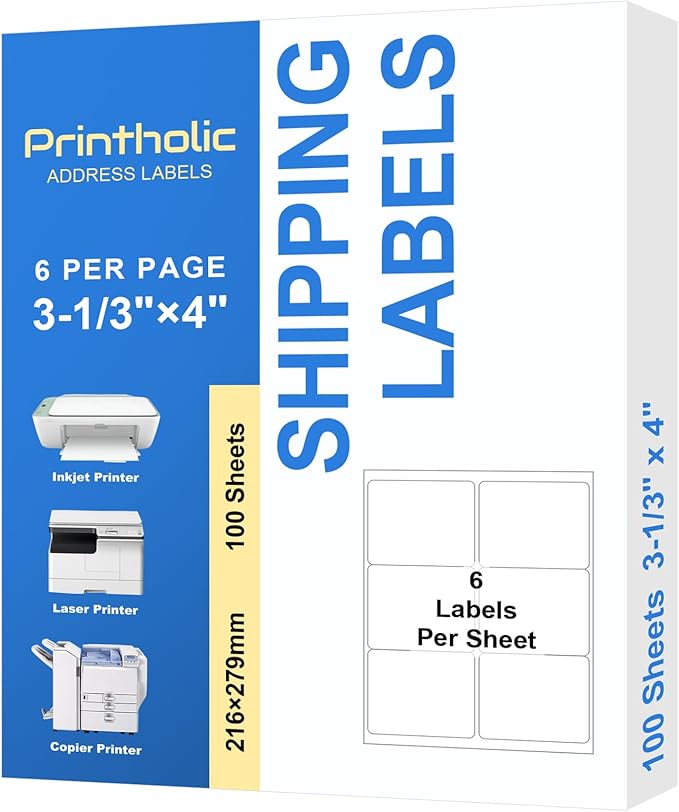 600 6 Per Sheet Label Address Labels 3-1/3" x 4" Self Adhesive Sheets Shipping Labels Easy Peel & Feed White Stickers for Laser & Inkjet Printers (100 Sheets, 600 Labels)