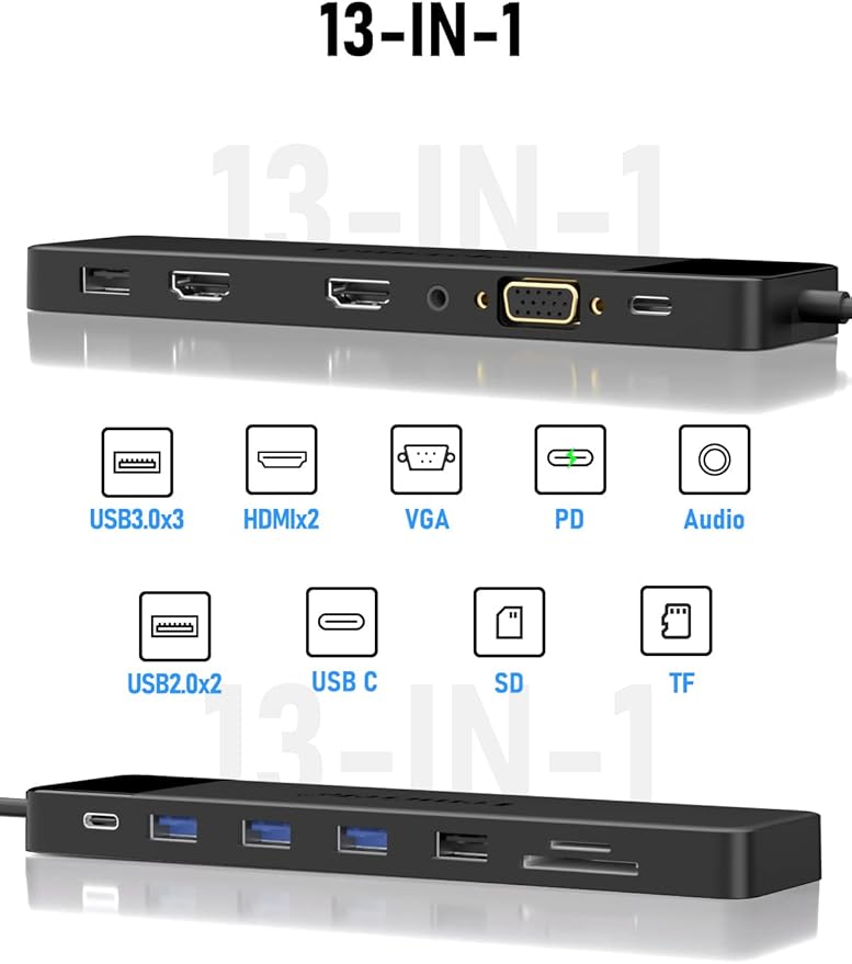 Lemorele 13 in 1 USB C Docking Station Triple Monitor w/Dual HDMI 4K, VGA, 5 USB 3.0/2.0, USB-C 3.0, 100W PD, SD/TF, 3.5mm Audio, Multiport Hub Adapter for Lenovo, Surface, Dell, HP Laptops