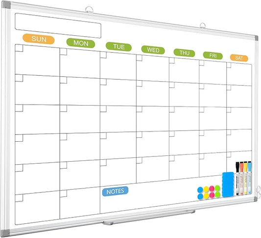 Monthly Calendar Dry Erase Whiteboard for Wall, 36" x 24" Magnetic Dry Erase Board, Hanging Double-Sided White Board, Portable Board for School, Planning, Memo, Home, Office, 2025 Calendar