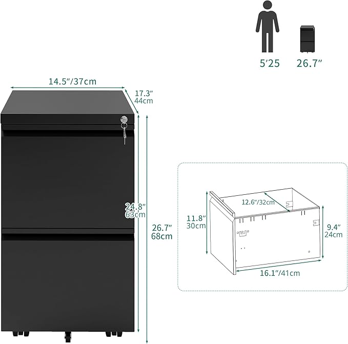 YITAHOME 2 Drawer File Cabinet with Lock, Mobile Metal Filing Cabinet for Letters/Legal/A4 Size, Home Office & Business Enterprise, Fully Assembled Except Wheels, Black