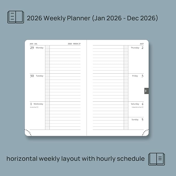 POPRUN Weekly Planner 2026 Calendar (Pocket 4'' x 6.25'') 12 Months Notebook with Horizontal Layout, Leather Hardcover, Inner Pocket, 100GSM Thick Paper, Pen Holder TJ - Pacific Green