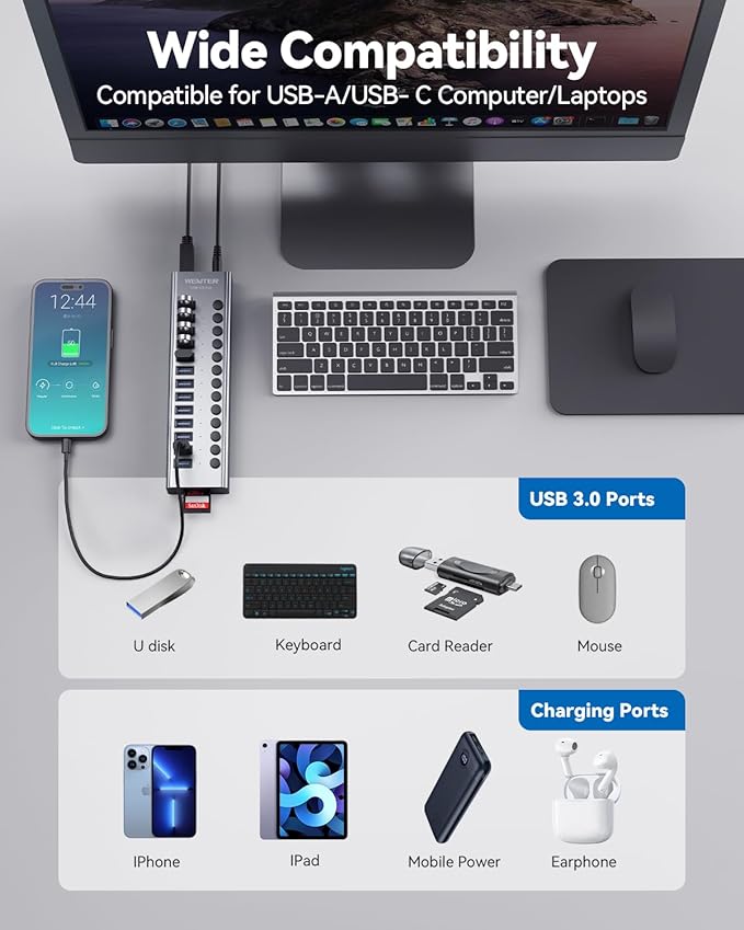 Powered USB 3.0 Hub, Wenter 13 Ports Powered USB Hub with SD/TF Card Reader, Aluminum USB Splitter with Individual On/Off Switches, 12V/3A 36W Power Adapter for PC/Laptops