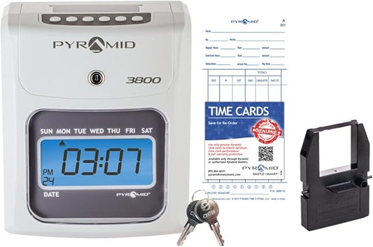 Pyramid Time Systems - Model 3800 Auto Totaling Time Clock, Electronic Time Punch Clock for Small Business, Bundle Includes: 50 Time Cards, 1 Ink Ribbon and 2 Security Keys - Ivory